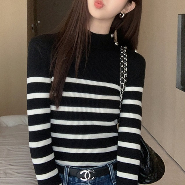 High neck striped knit A1607