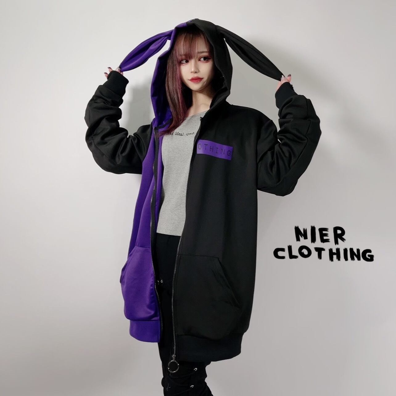 うさ耳付きTWO-TONE ZIP OUTER【PURPLE×BLACK】 | NIER CLOTHING powered by BASE