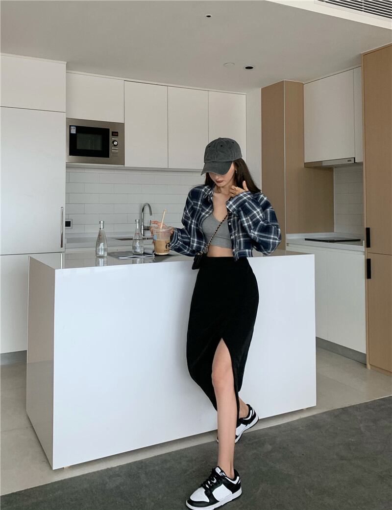 格子柄シャツ ショートルーズスタイルスタンダードジャケット サマートップス ロング レトロ 夏物 ブラックストロベリース34132352664