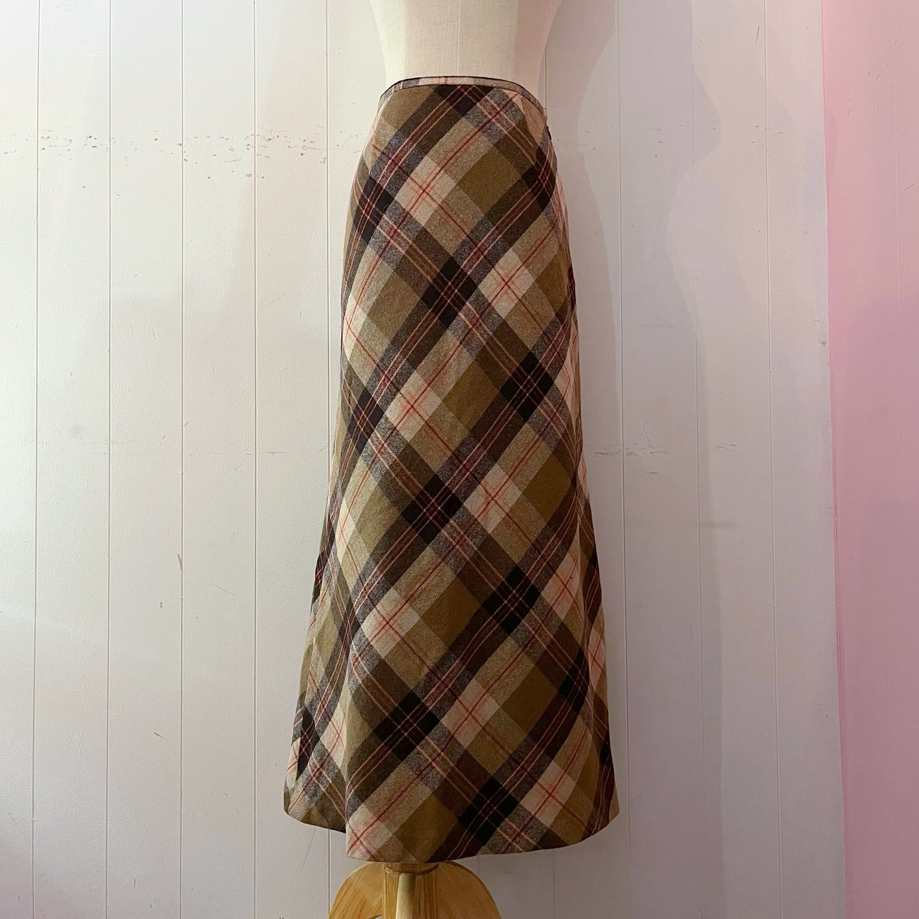 orange check wool long skirt