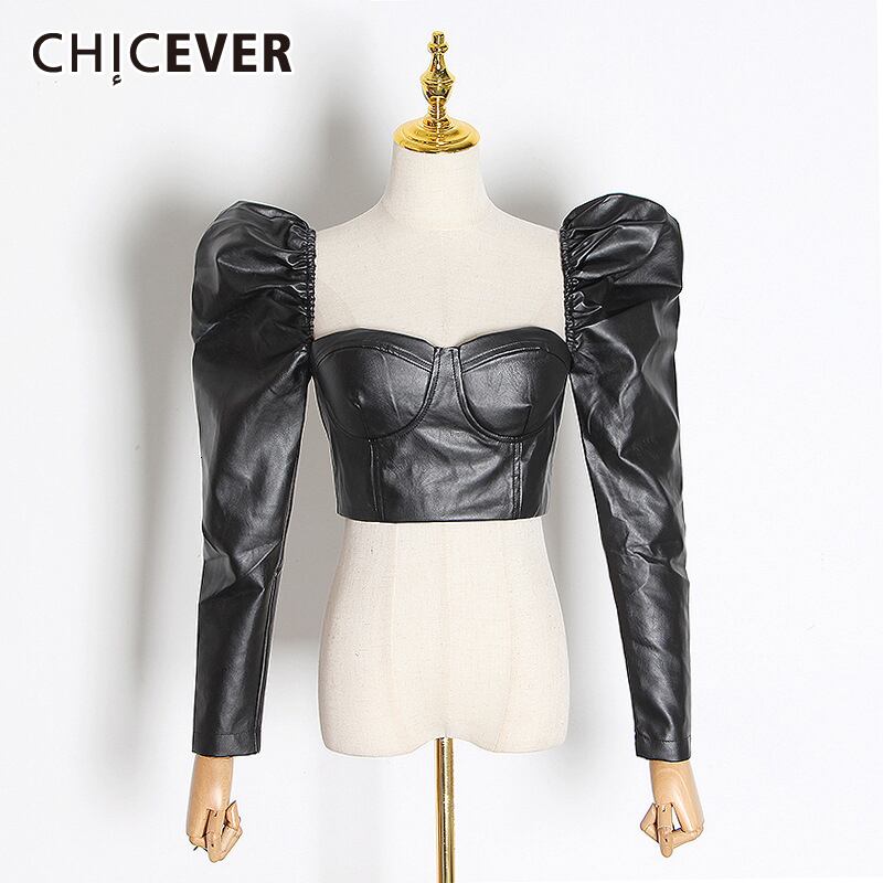 CHICEVERセクシースリムPUショートジャケットレディーススクエアカラーパフ長袖ヴィンテージストリートウェアジャケット秋 ロング オータム 秋物 スクウェア ビンテージ 6base561430041776