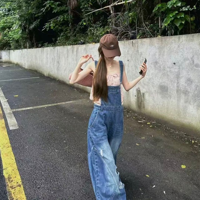 クラッシュポケットワイドラインデニムサロペット 1col R02555