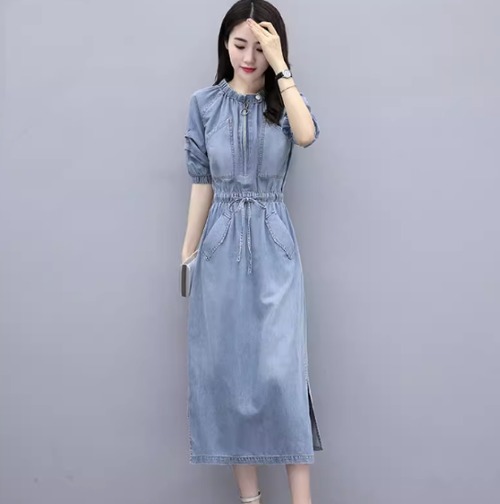 デニムワンピース レディース ワンピース ミドル丈ワンピース スリット ウエストリボン ラウンドネック プルオーバー ポケット 半袖 パフスリーブ カジュアル お出かけ 春夏 デニムワンピ 女性