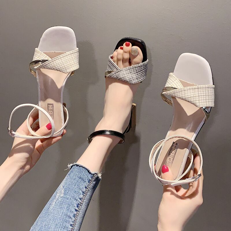 厚いヒールのサンダル女性2020年夏の新しいバージョンの野生のネット赤イン潮潮バックル妖精風ハイヒール 部族の婦人靴4600851