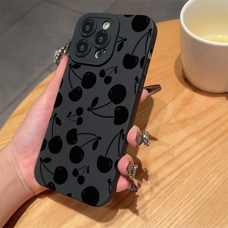 iPhone全機種対応】ブラックチェリー柄◎大人可愛い 韓国ケース