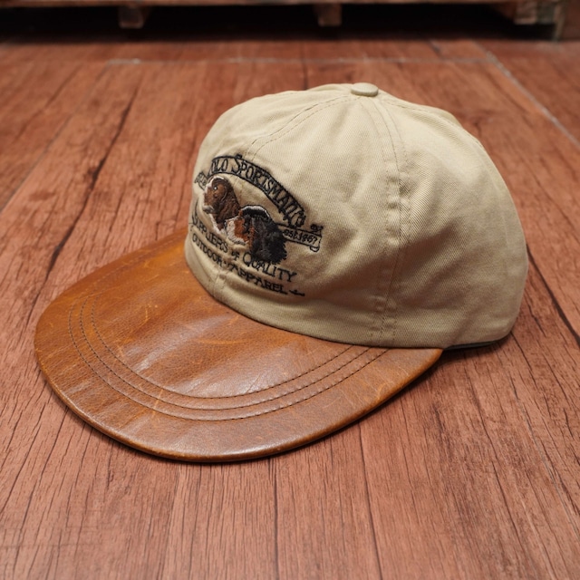 90s ralphlauren つばレザー　fitted cap キャップ　ロングビル　M/ラルフローレン polosportsman USA製 犬 帽子