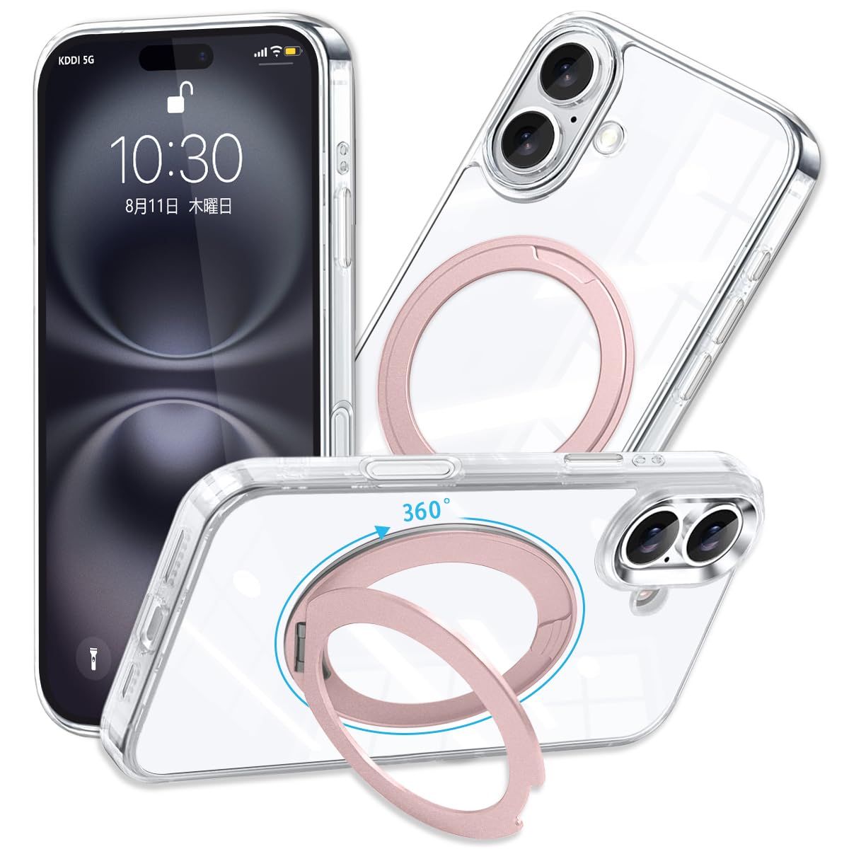 JOUMIN YAO 対応 iPhone16 ケース MagSafe対応 クリア 360°定点回転スタンド リング 縦横両対応 ローズゴールド