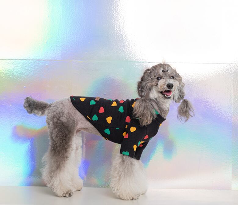 heart crew neck top S ~ 2XL 3color / 犬服 秋冬 新作 可愛い ワンコ服 ストレッチ 犬の服 長袖T シャツ ドッグウェア ハート柄 お揃い ハイネック 小型犬 中型犬 b45