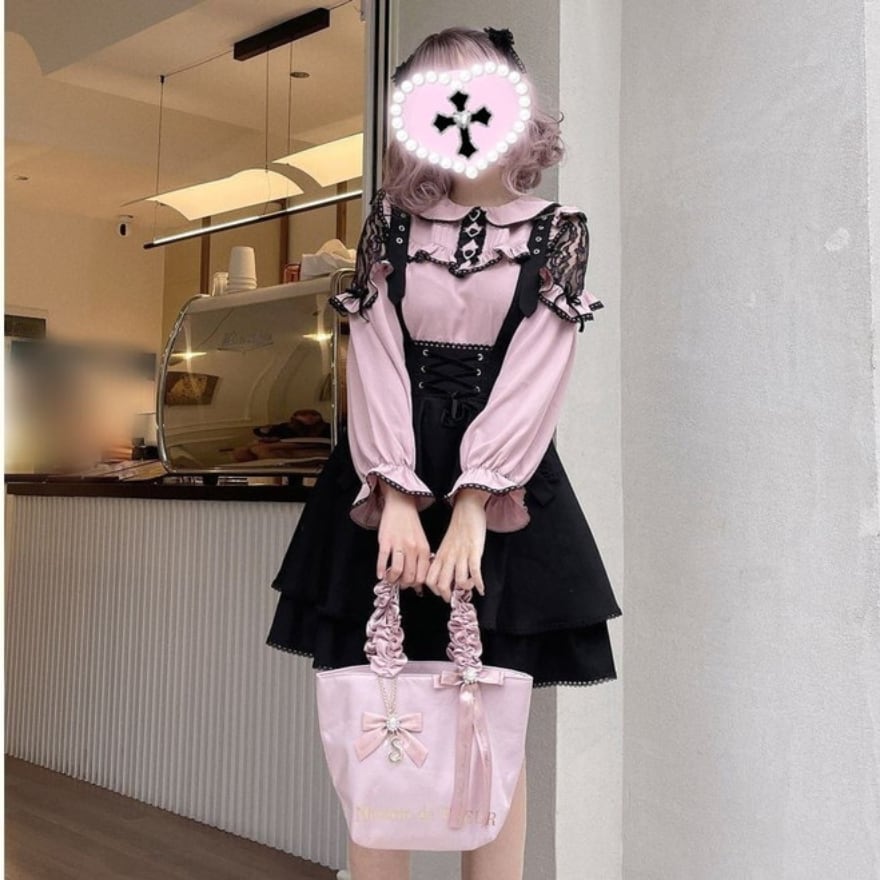 【即納】地雷系/量産型 編み上げ ✦ ハートバックル ティアード サスペンダースカート ミニ丈