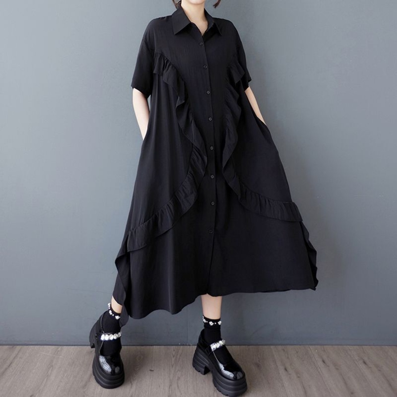 フロントフリル シャツワンピース 30076