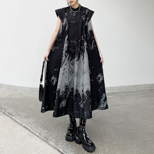 BLACK STAND COLLAR FRENCH SLEEVES A-LINE LONG SHIRT DRESS 1color M-13660