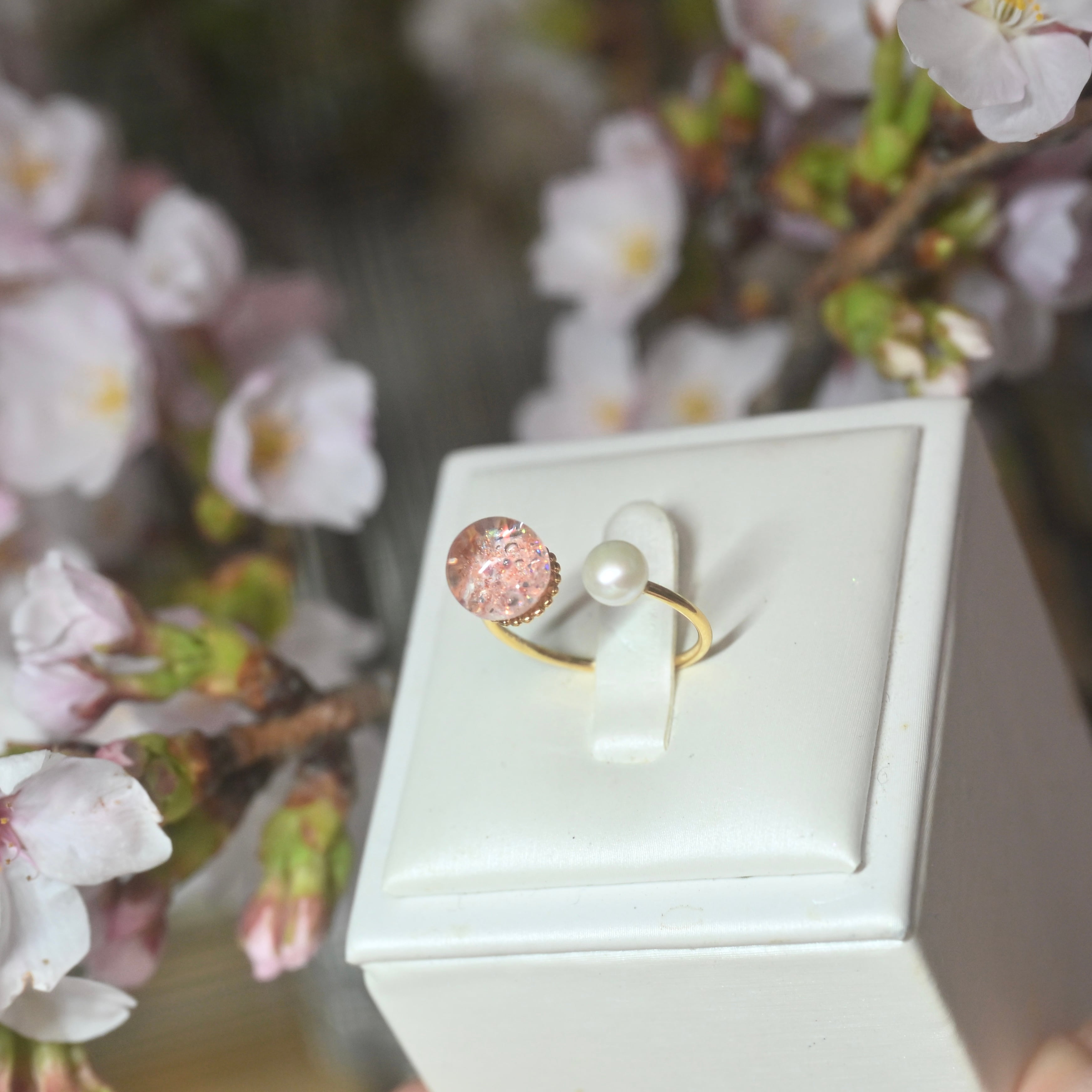 【抽選販売】淡水真珠と「桜」Lumière ring free size