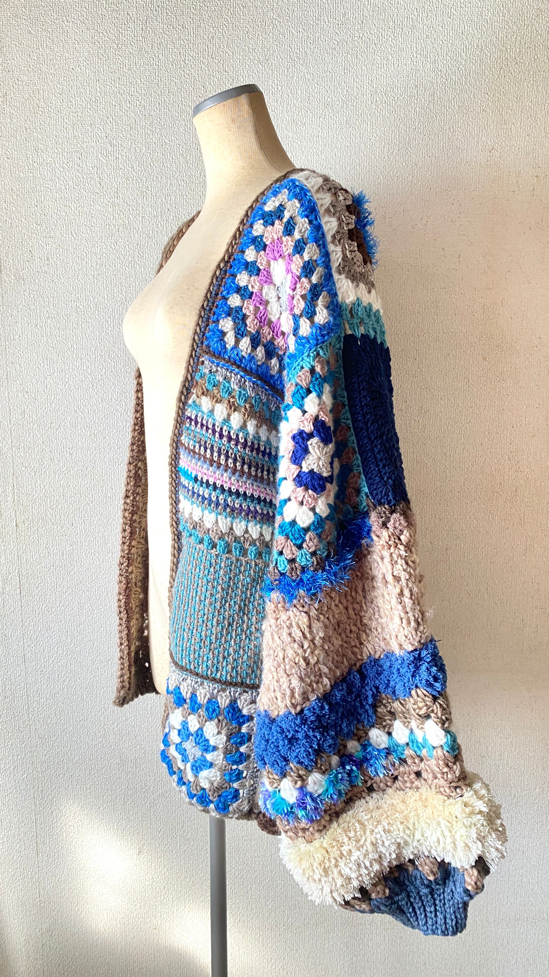 Crocheted granny hexagon and square motif asymmetrical cardigan