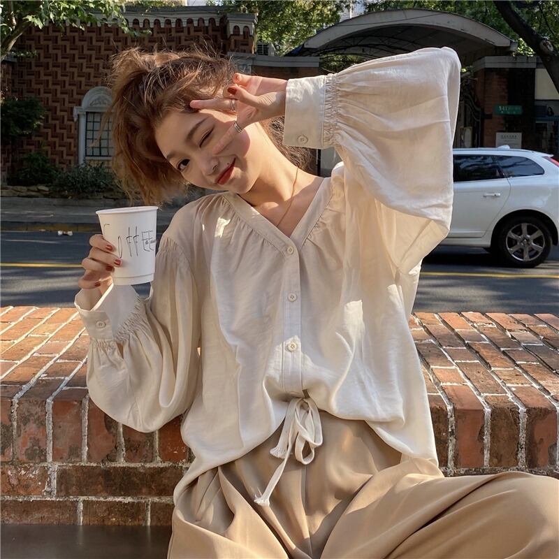 スタンダードVネックルーズシャツ ロング レトロ YY-ファッション94342230243