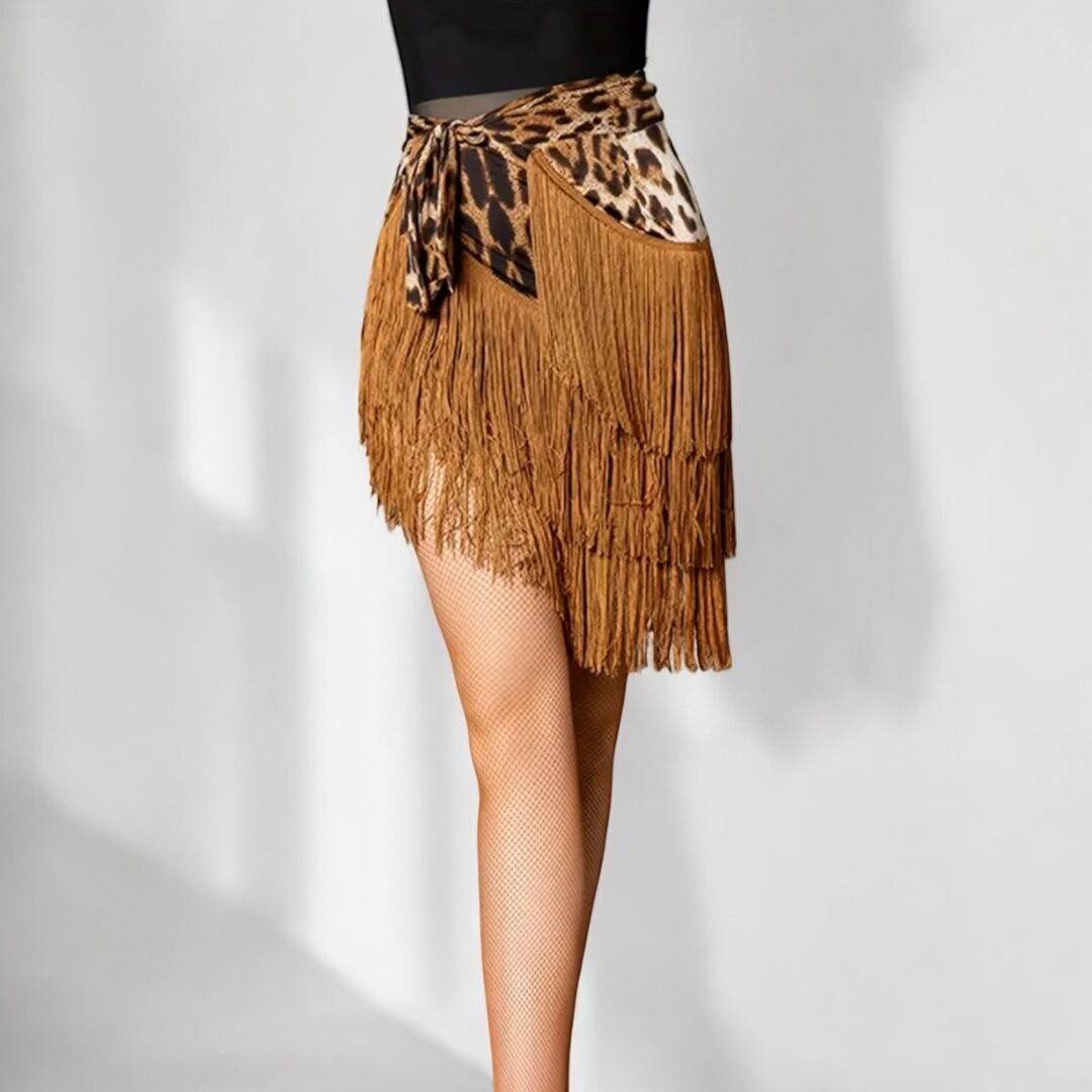 ヒップスカーフ ヒョウ柄 アニマル柄 個性的 ブラウン フリンジ