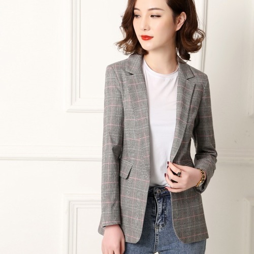 テーラードジャケット　スーツ　長袖　ワンボタン　チェック柄　格子柄　ポケット　カジュアル　オフィス　お呼ばれ　秋冬　レディース