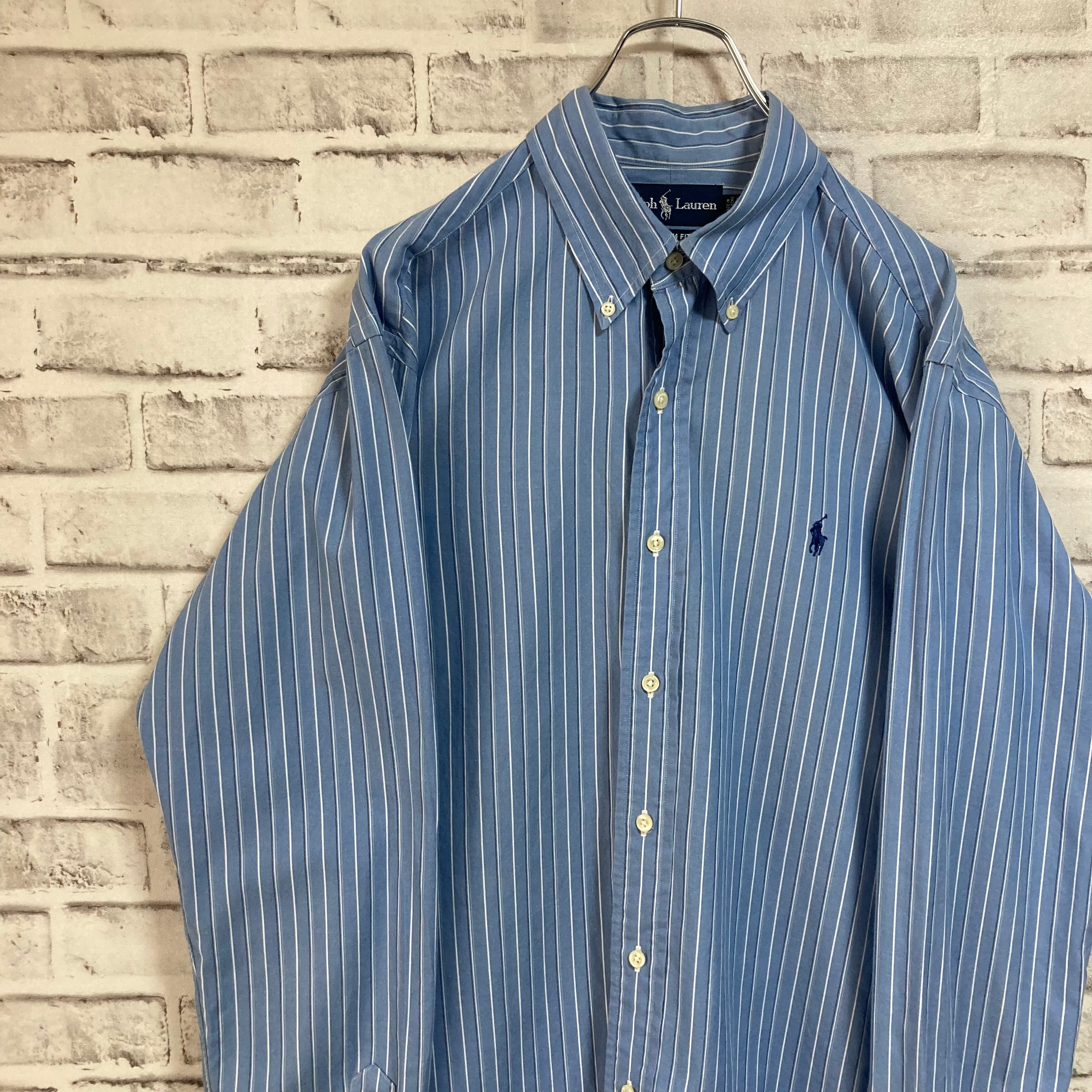 【Ralph Lauren】L/S Stripe BD Shirt L相当 90s ラルフローレン ストライプ BDシャツ ボタンダウン 長袖  ポニーロゴ 刺繍ロゴ 胸ロゴ USA アメリカ 古着