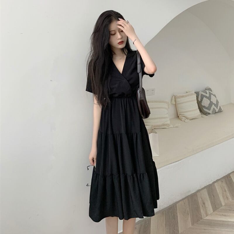 2020年夏の新しい女性のウエストウエストと薄い気質フレンチドレス半袖リトルブラックドレスAラインミドル丈スカート 1号婦人69644297548