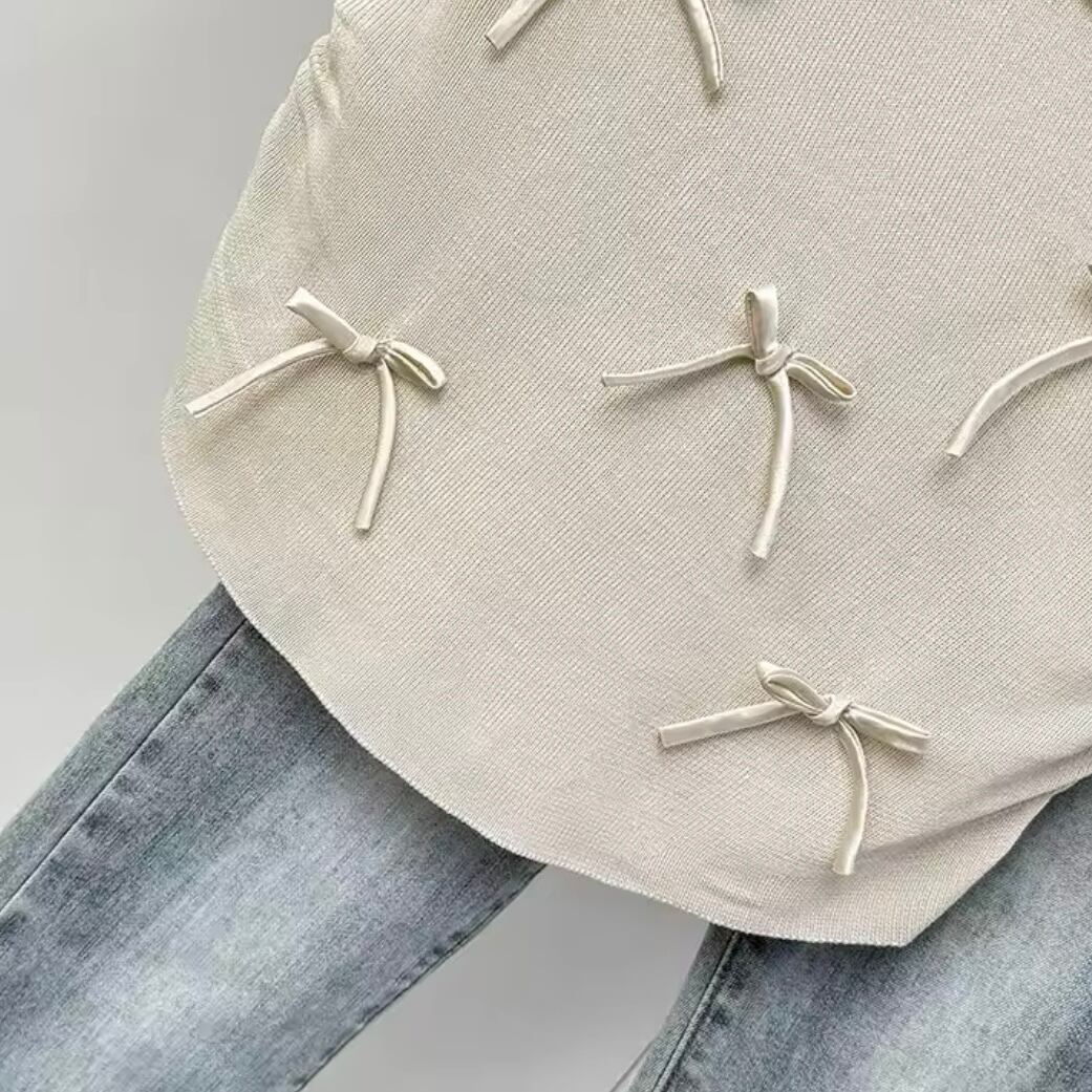 リボンモチーフクルーネックニットTシャツ