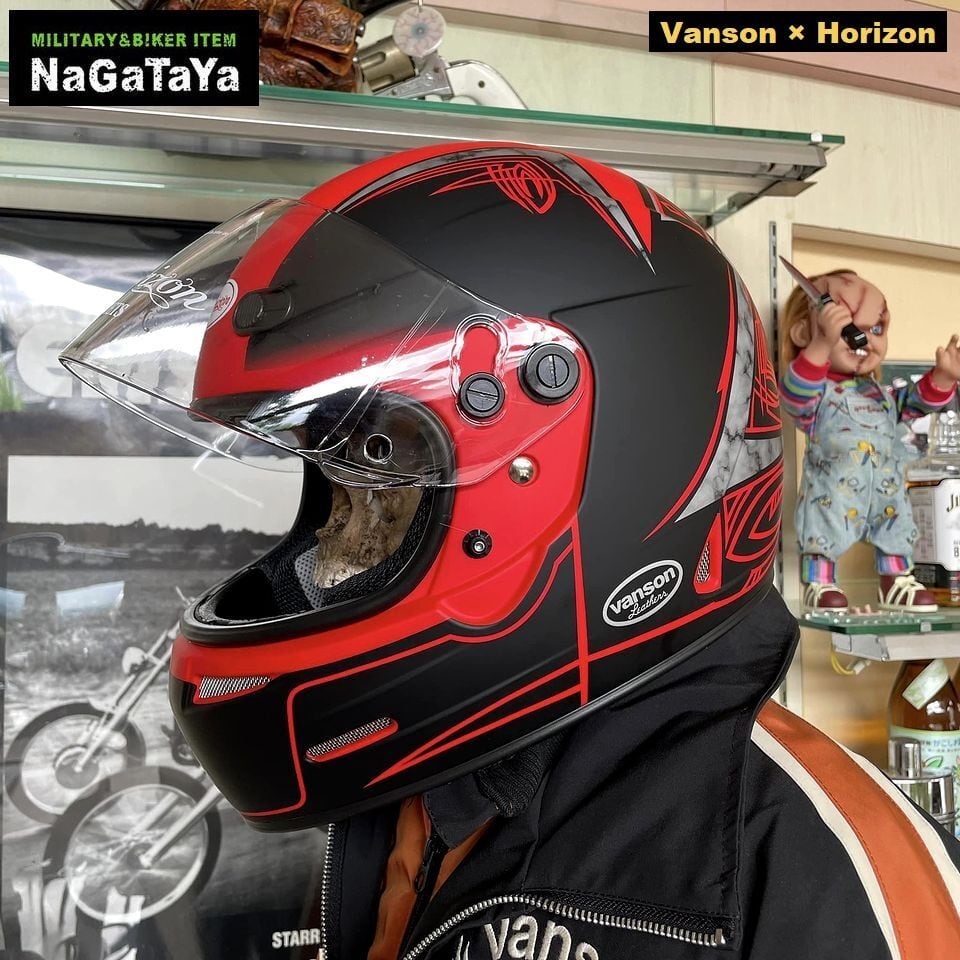 限定コラボ商品 アメリカン トラッカー系 HORIZON x VANSON HELMET ホライゾン×バンソン  フルフェイスヘルメット+ミラーシールドセット HVXXXR-01 艶消しブラック×レッド