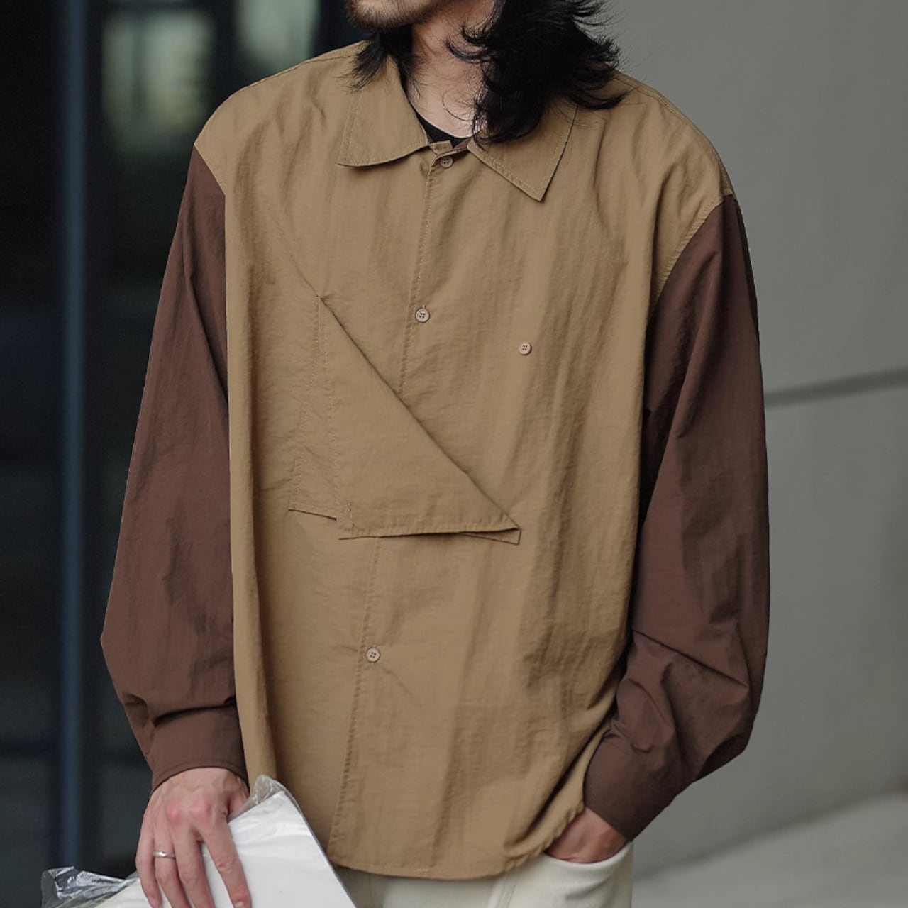 スプライススリーブ レイヤード長袖シャツ A1019