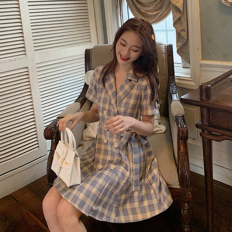 ウエストと薄いフランスの初恋ドレススーツ襟スーパー妖精セン格子Aラインドレス女性2020年春夏新作 1号婦人60667408050