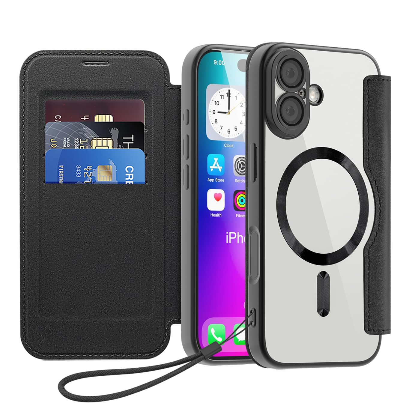 JOMA-E Shop iPhone 17 用の ケース 手帳型 magsafe対応 RFIDブロッキング 背面 透明 クリア 財布型 アイフォン 17 向けの カバー 手帳 ワイヤレス充電対応 カード入れ PU革 レザー スマホケース 軽量 薄型 防塵 耐衝撃 カメラレンズ保護 ストラップ付き ブラック
