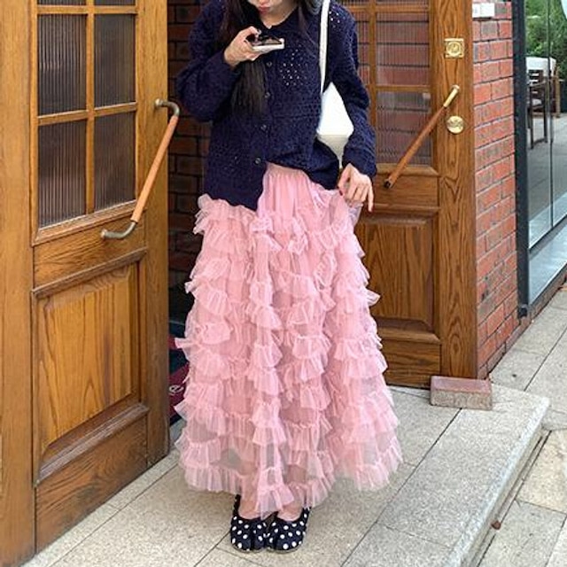 Volume tulle frill long skirt　B3972