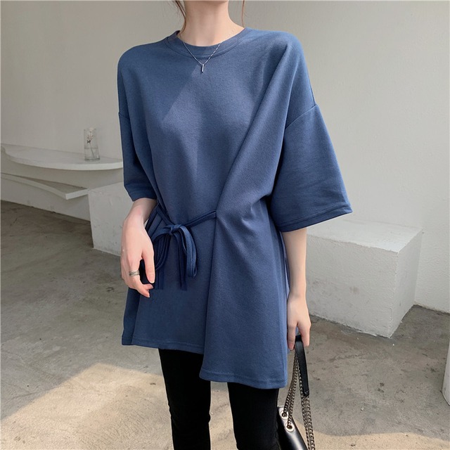 トップス レディース Tシャツ カットソー ロング丈 半袖 5分袖 五分袖 2色 ラウンドネック かわいい 大人可愛い きれいめ シンプル カジュアル 上品 清楚 フェミニン おしゃれ お洒落 ナチュラル こなれ感 抜け感 爽やか 主役級 存在感 無地 学生 通学 デート お出かけ 女子会 休日 街歩き M L XL 2XL ブルー 青 ブラウン 茶色 春 夏 韓国 韓国系 着回し 普段使い 体型カバー ファッション コーデ モテ トレンド 流行 インスタ映え 送料無料