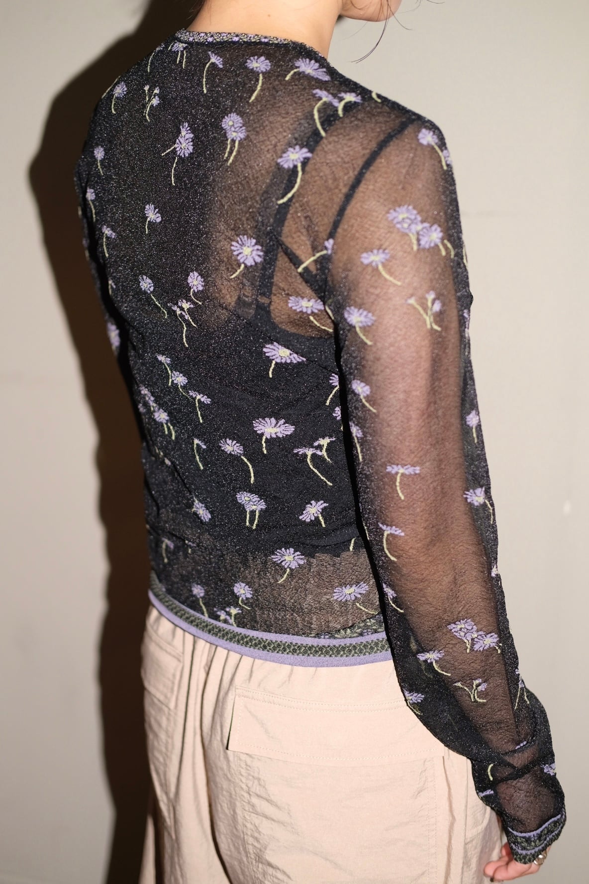 Mame Kurogouchi】Floral Pattern Long Sleeve Sheer Knit Top - black