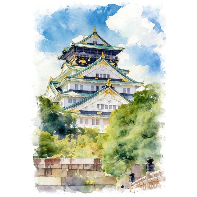 絵画 風景画 日本の城 大阪府 大阪城 インテリアアート額付き 水彩画・油絵風 WAT0689