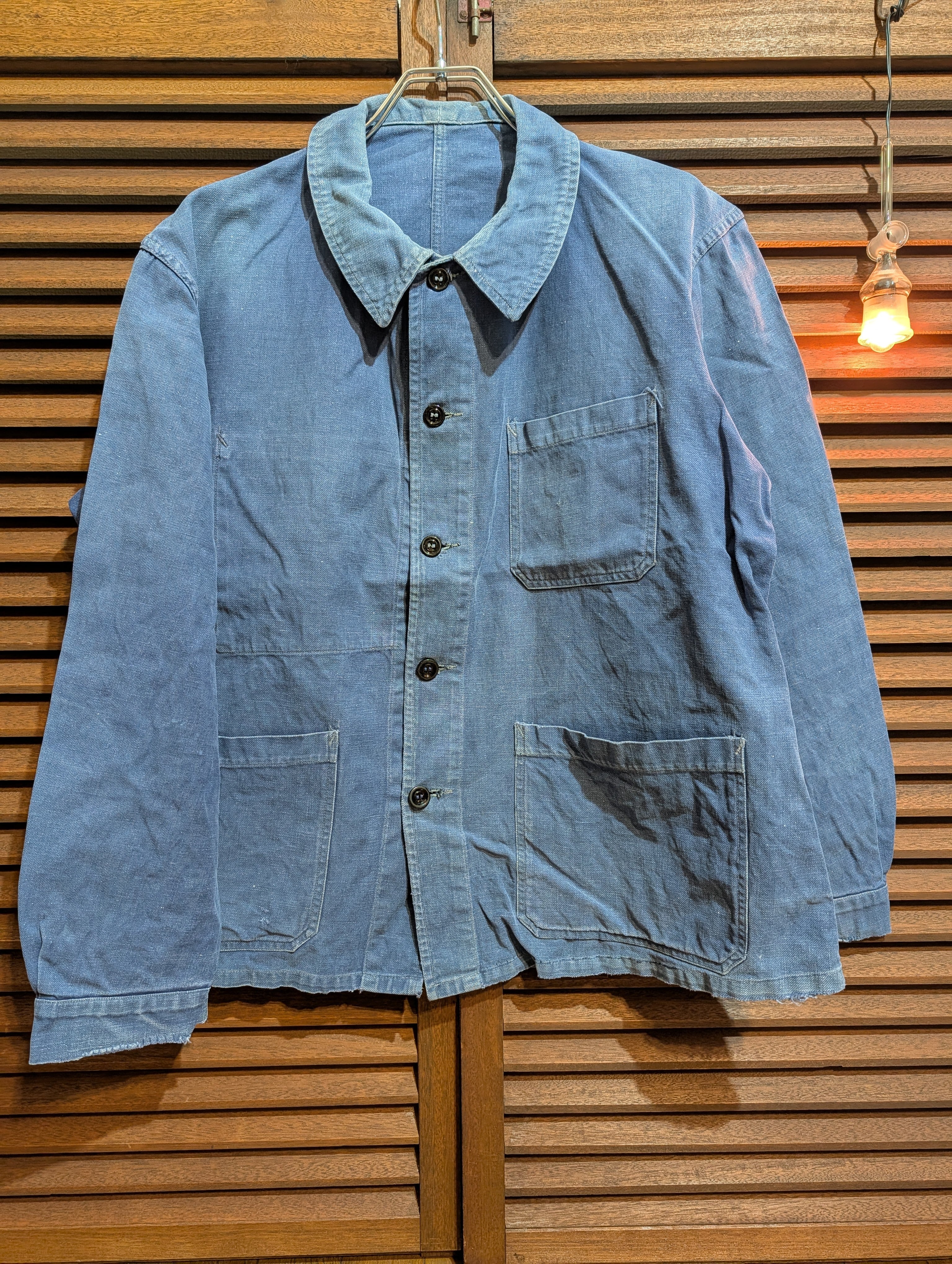 50-60s France Cotton Linen Twill Work Jacket BlackMilkGlassButtton