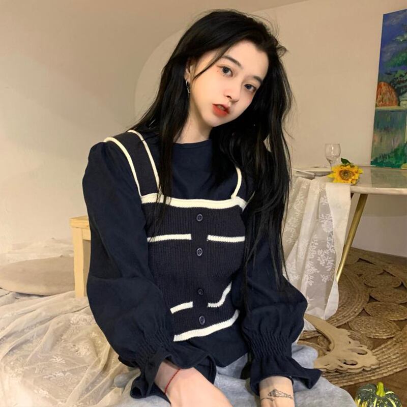 スタイルスリーブシャツ セット スプリングカラーストライプニット 春物 萌量不足48012199477