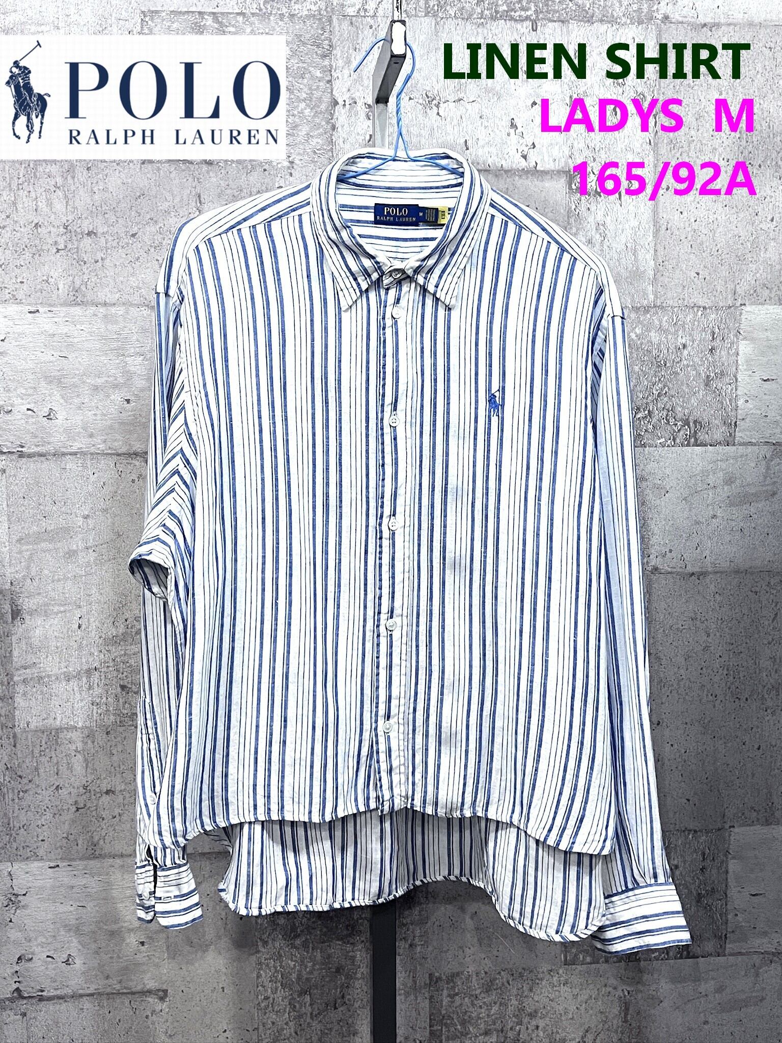 POLO RALPH LAUREN ワイドクロップドリネンシャツ Ｍ ストライプ レディース ラルフローレン 正規品 ワイドクロップド ストライプ