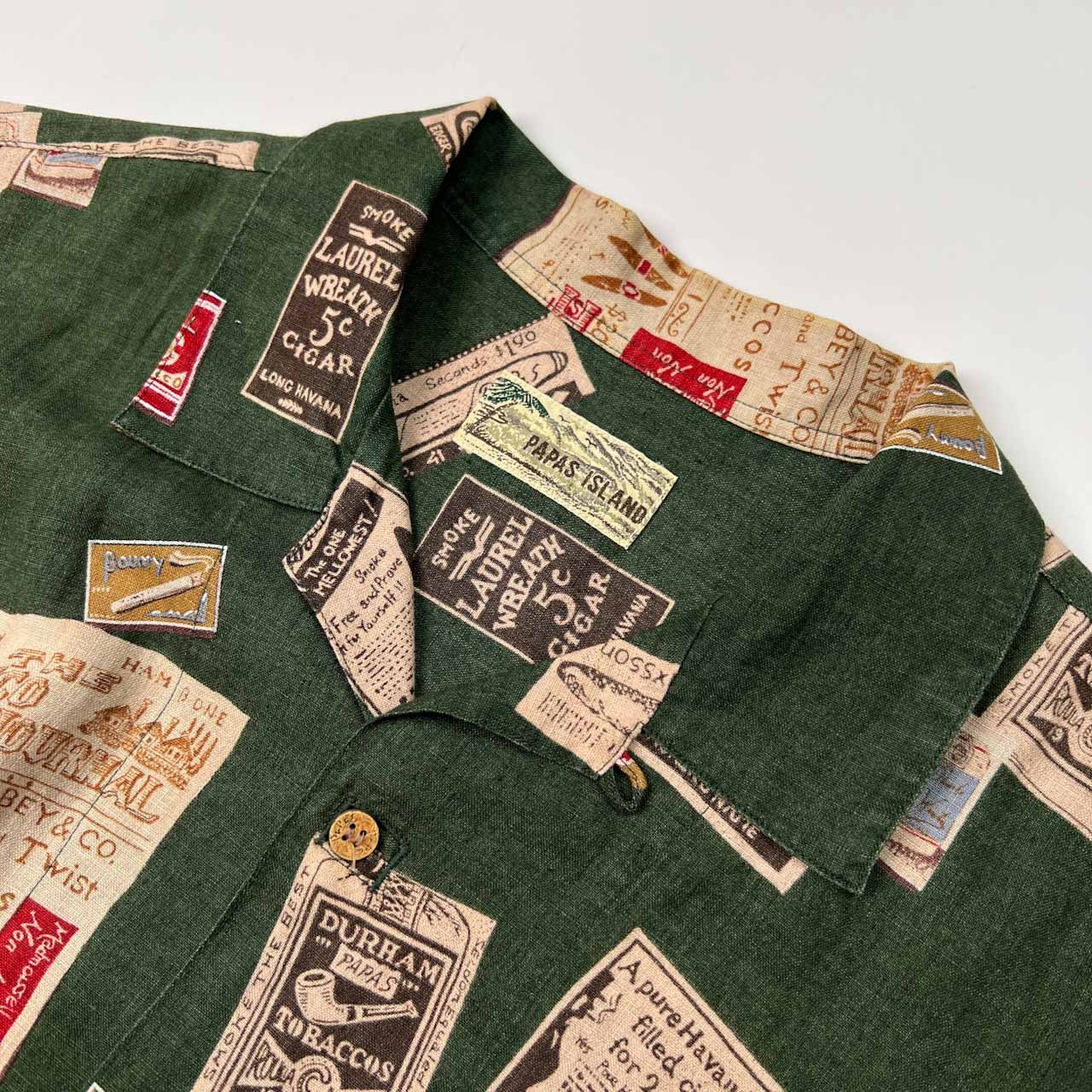 PAPAS パパス ISLAND 総柄 麻100% リネン 半袖 アロハシャツ サイズ M /グリーン系/日本製