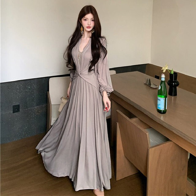 ワンピース ウエストイン レース ロング丈 ランタンスリーブ 落ち感 S M L