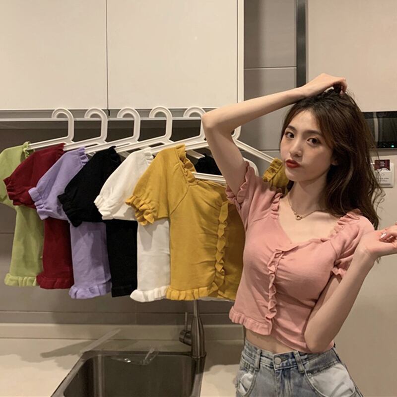2020年夏の新しい香港フレーバーレトロウッド耳気質半袖Tシャツスリムショートクロップドニットトップ女性 1号婦人67740080103