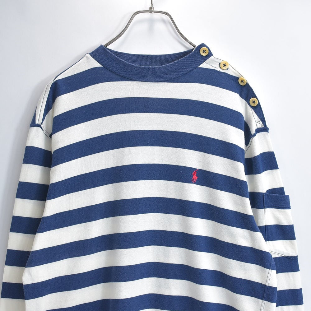 90s~ Ralph Lauren ラルフローレン インパクト21企画 ボーダー Tシャツ 長袖 コットン 肩ボタン 袖ポケット ヴィンテージ ビンテージ 古着 レディースMサイズ