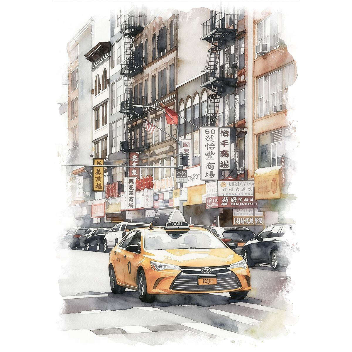 絵画 風景画(街並み) アメリカ ニューヨーク マンハッタンソーホー地区 インテリアアート額付き 水彩画・油絵風 WAT1015