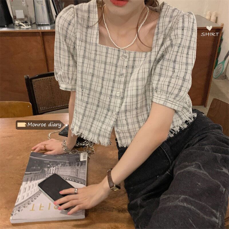 格子柄カラー半袖スリーブシャツ トップス サマールーズ ショート ハーフスリーブ 夏物 スクウェア モンロー85975964799