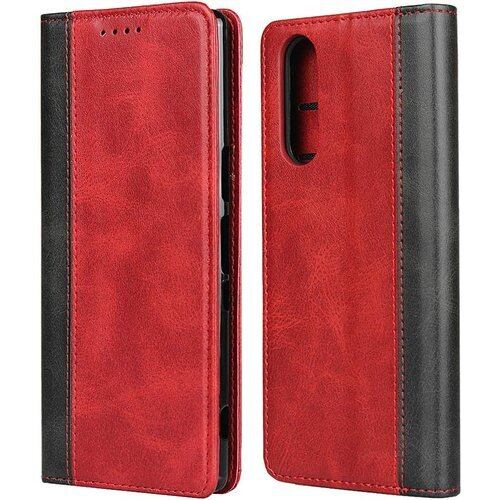 ソニー Xperia 5 SO-01M SOV41 ケース 手帳型 カバー Zouzt 合成皮革 財布型 カード収納 マグネット ベルトなし スタンド 二つ折り 耐久性 4色 レッド+ブラック 400