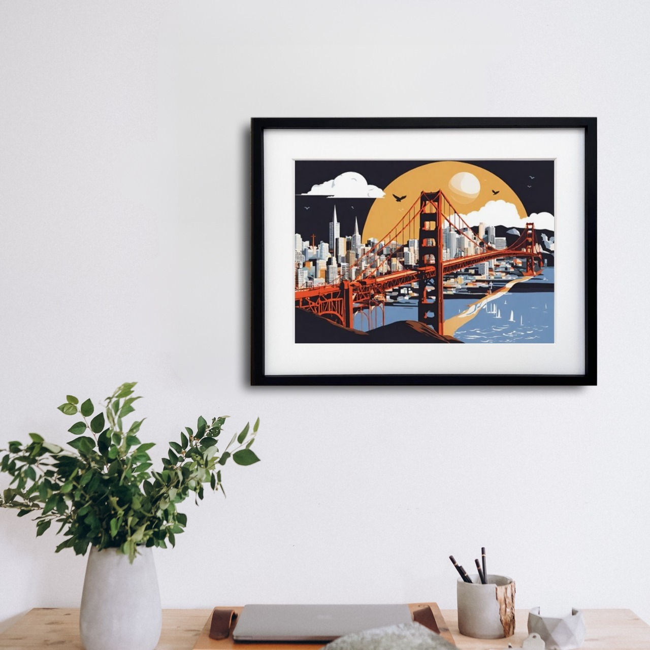 San Francisco｜都市風景を描くコンテンポラリーアートポスター｜西海岸の雰囲気を纏うスタイリッシュな額縁付きインテリアA3ポスター