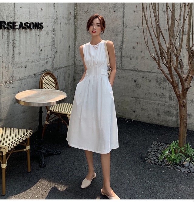 AW新品 新作 夏 学生 ワンビース フレンチ 袖なし Aライン ラウンドネック