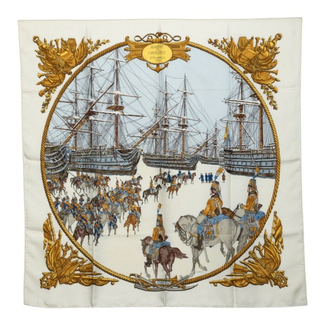エルメス カレ90 MARINE ET CAVALERIE 海と騎兵隊 スカーフ ホワイト マルチカラー シルク レディース HERMES 中古
