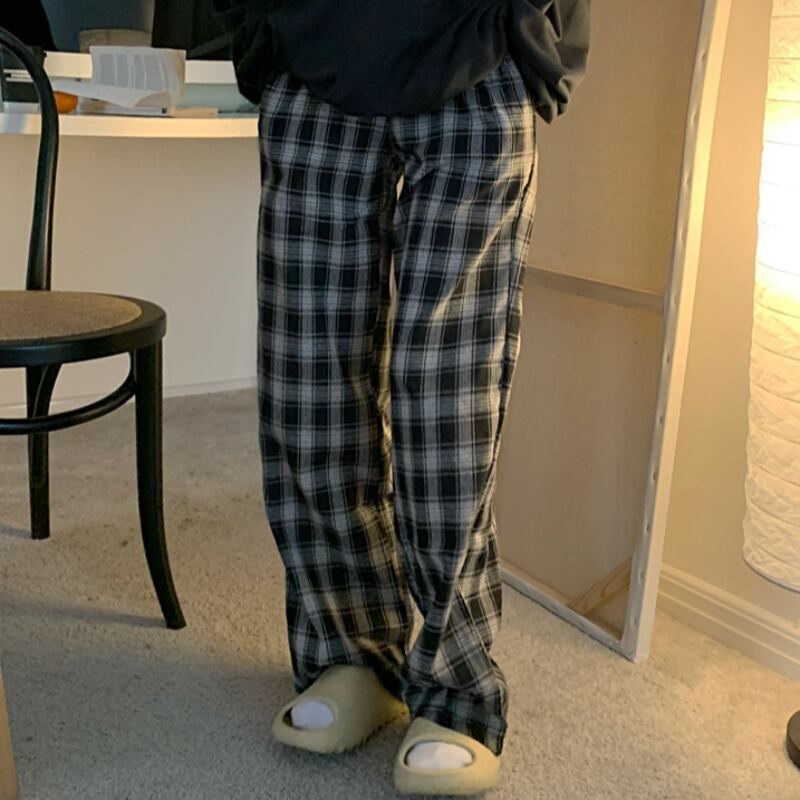 格子柄パンツ スプリングスタンダードウェスト薄手ワイドレッグルーズロング レトロ 春物 ワイドパンツ YY-ファッション45848345556