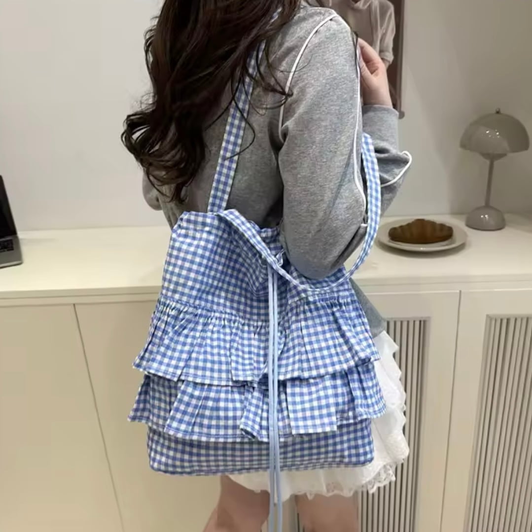 frill gingham check tote bag