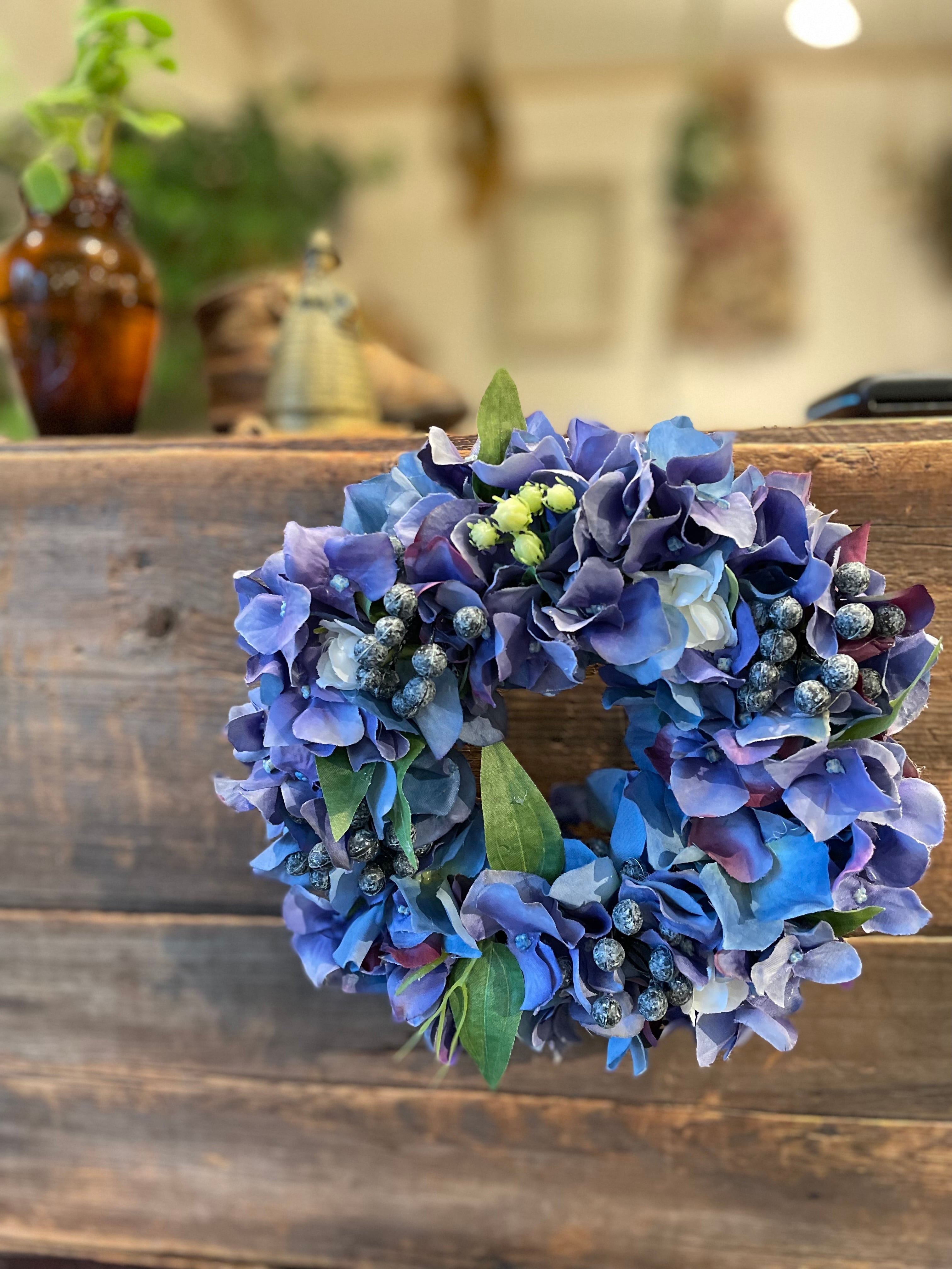 アンティークブルーの紫陽花リース　アーティフィシャルフラワー　造花 アンティークブルーの紫陽花リースアーティフィシャルフラワー造花