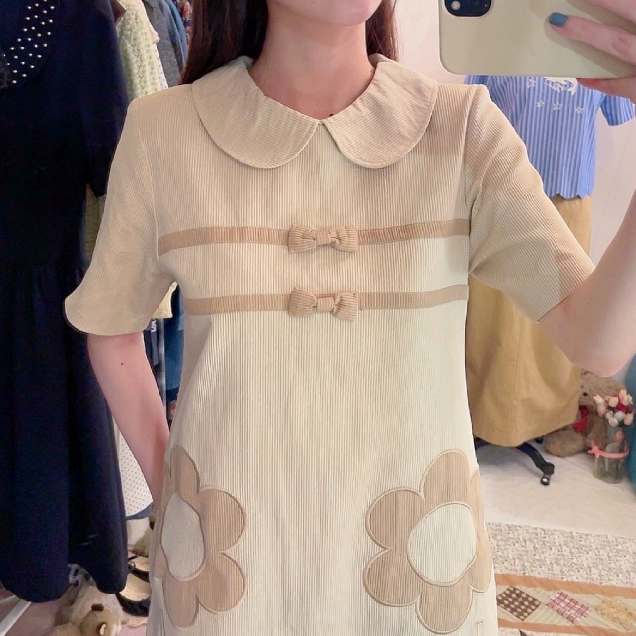 ribbon beige corduroy one-piece