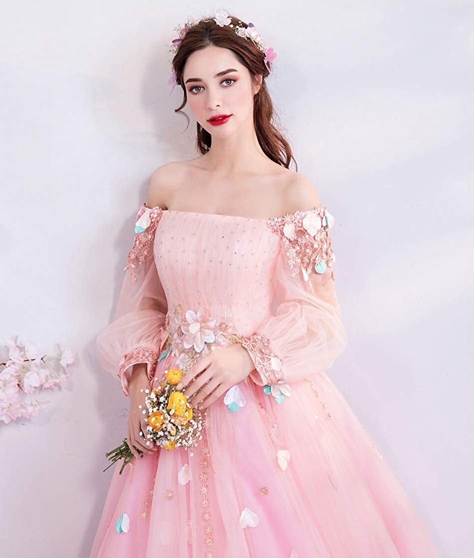 ドレス ふんわり カラードレス 肩出し マキシ丈 ワンピース 花付き