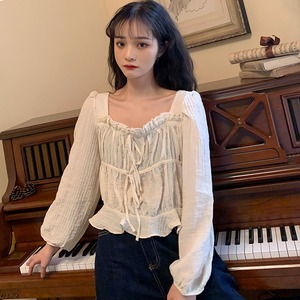 【韓国通販 dgo】プリーツウエスト 長袖 シャツ レディース スクエアカラー 半袖 パフスリーブ 2020 春が楽しくなるシャツ